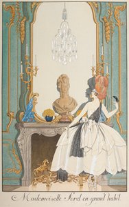 Mademoiselle Sorel con un gran hábito. Una mujer de pie frente a una chimenea. de Georges Barbier