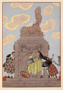 Mandolina. Gente de pie alrededor de un monumento. Una mujer sostiene una sombrilla. Nubes significativas.