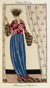 Manteau de Théâtre. Costumes Parisiens nº 71. La mujer lleva un vestido rojo con falda azul adornada con pieles. También lleva un tocado de plumas en negro y plata. de Georges Barbier