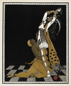 Nijinsky como el Esclavo de Oro en Sheherazade, una suite sinfónica compuesta por Nikolai Rimsky-Korsakov en 1888. Está arrodillado frente a Sheherazade, ambos vestidos con trajes de estilo árabe. de Georges Barbier