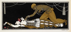 Nijinsky como el Esclavo de Oro en Sheherazade, una suite sinfónica compuesta por Nikolai Rimsky-Korsakov en 1888. Sheherazade está aquí en su lecho de muerte, el esclavo de oro inclinado sobre ella de Georges Barbier