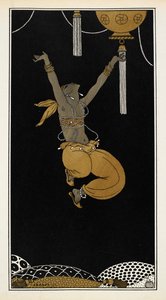 Nijinsky como el Esclavo de Oro en Sheherazade, una suite sinfónica compuesta por Nikolai Rimsky-Korsakov en 1888. Nijinsky está en el aire, en pleno salto. de Georges Barbier