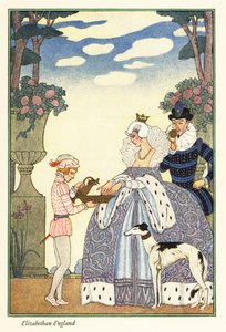La reina Isabel se lava las manos en un cuenco sostenido por su paje. 1928 (impresión) de Georges Barbier