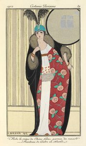 "Vestido de crepe de chine blanco con ribetes de zorro. El pelaje de las nutrias y las mofetas". de Georges Barbier