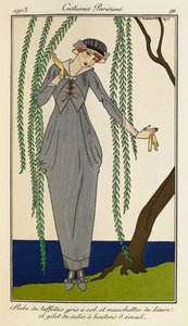 Vestido de tafetán con cuello gris y manchetas de lino y chaleco de raso con botones de esmalte. Mujer con vestido de tafetán con cuello gris y puños de lino y chaleco de raso con botones de esmalte. Trajes parisinos nº 39 de Georges Barbier