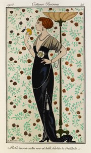 Vestido de noche de raso negro y tul con borde de brillantes. Costumes Parisiens nº 46. La mujer lleva un vestido de noche de raso negro, forrado de brillantes, con una flor blanca en la cintura. También lleva un collar de diamantes. de Georges Barbier