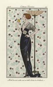 Vestido de noche de satén negro y tul adornado con diamantes, de Costumes Parisien, pub.1913 (impresión de plantilla) de Georges Barbier
