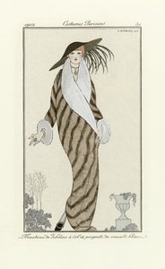 Abrigo de marta con ribetes de zorro blanco, de Costumes Parisien, pub.1912 (impresión de pochoir) de Georges Barbier