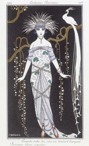 Vestido de noche de brocado plateado y peluca - Ilustración de George Barbier (1882-1932). en "Journal des dames et des modes: Costumes Parisiens" de Georges Barbier