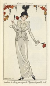 "Traje de raso gris perla, sombrero de paja negro". de Georges Barbier