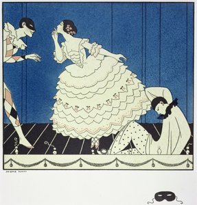 Tamara Karsavina (1885-1978) como Columbine, Vaslav Nijinsky (1890-1950) como Arlequín y Adolph Bolm (1884-1951) como Pierrot en el "Carnaval" de Fokine en 1910, pub. 1914 (impresión en pochoir) de Georges Barbier