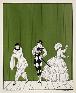 Tres personajes del ballet de 1910, Carnaval, compuesto por Robert Schumann. A la izquierda, un mimo. En el centro hay un hombre, vestido con camisa blanca con corbata negra y pantalón de cuadros, que lleva una máscara. A la derecha, una dama, de espaldas de Georges Barbier