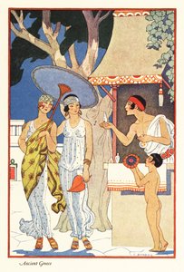 Dos mujeres compran en un puesto de perfumistas en la antigua Grecia 1928 (impresión) de Georges Barbier