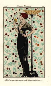 Mujer con vestido de noche de raso negro y tul, bordeado de brillantes. Robe de soir satin noir et tulle, bordee de brillants. Grabado pochoir (stencil) coloreado a mano según una ilustración de George Barbier del Journal des Dames et des Mo de Georges Barbier