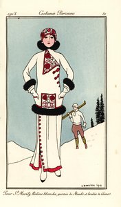 Mujer con traje para St. Moritz en friso blanco con ribete de mofetas y bordado de lana. Pour St. Maritz ratine blanche garnie de skunks et brodee de laine. Grabado pochoir (stencil) coloreado a mano según una ilustración de George Barbier de la obra de To de Georges Barbier