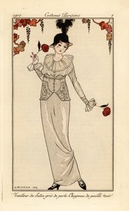 Mujer con traje gris perla y sombrero de paja negro. Tailleur de satin gris de perle, chapeau de paille noir. Grabado pochoir (stencil) coloreado a mano según una ilustración de George Barbier del Journal des Dames et des Modes, Aux Bureaux du Jo de Tommas de Georges Barbier