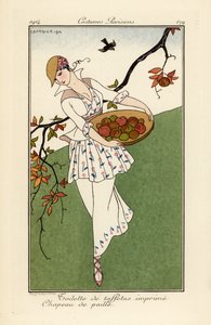 Mujer con sombrero de paja y vestido de tafetán estampado. de Georges Barbier