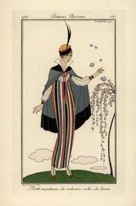 Mujer con vestido de lino a rayas y abrigo corto de terciopelo. de Georges Barbier