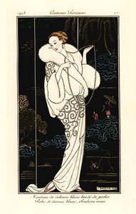 Mujer con capa de terciopelo, vestido de damasco y zapatillas rosas. de Georges Barbier