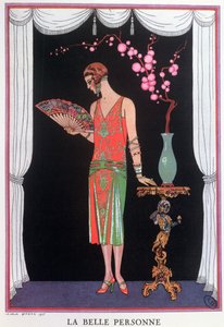 Vestido de noche de Worth, plato de moda de la Gazette du Bon Ton de Georges Barbier