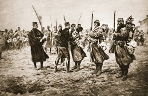 Honrando a los valientes en la línea de fuego: un general francés dando la distinción a hombres condecorados con la medalla militar, de 