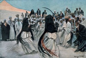 La danza de los sables beduinos en el desierto