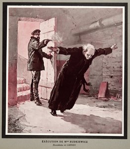 Ejecución de Monseñor Budkiewicz por la OGPU, de Histoire des Soviets, pub. 1922 (litografía en color)