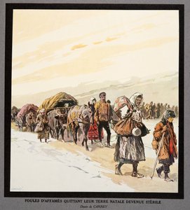 Éxodo de hambrientos de su patria, de Histoire des Soviets, pub. 1922 (litografía en color)