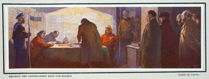 Interior de la cámara acorazada de un banco durante la Revolución, de Histoire des Soviets, pub. 1922 (litografía en color)