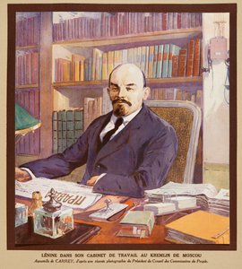 Lenin en su despacho del Kremlin de Moscú, de Histoire des Soviets, pub. 1922 (litografía en color) de Georges Carrey