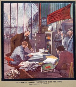 Control obrero en una fábrica soviética en la época de la Revolución de 1917, de Histoire des Soviets, pub. 1922 (litografía en color) de Georges Carrey