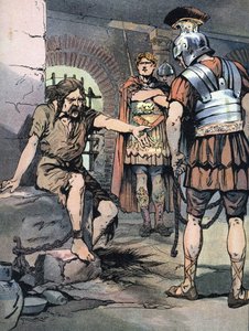 Guerra de las Galias: "El guerrero galo Vercingetórix prisionero en las armas romanas de Julio César en los calabozos de Tullianum, 46 a.C." (Guerra de las Galias: Vercingetórix prisionero en la Cárcel Mamertina de Roma tras su derrota contra Julio César,  de Georges Conrad