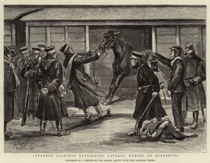 Soldados japoneses descargando caballos de caballería en Hiroshima de Georges Ferdinand Bigot