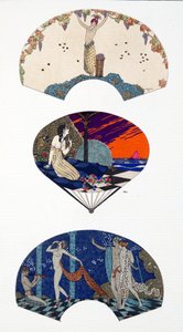 Abanicos de Paquin, según G. Barbier y Paul Iribe. Lámina 42, de Costumes Parisiens publicada en Journal des Dames et des Modes de Georges and Iribe Paul Barbier