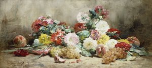 Claveles, rosas, uvas y duraznos