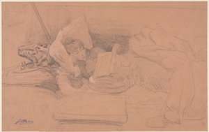 Sarah Bernhardt reclinada en un diván, leyendo, c. 1885-1890 de Georges Jules Victor Clairin