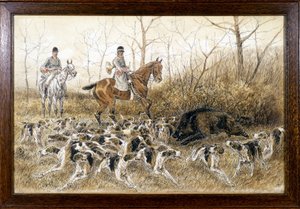 Manada de perros alrededor de un jabalí en una cacería - dibujo de Georges La Roque, hacia 1900