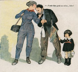Cuida del niño... ¿eh? Ilustración de Georges Paul LEONNEC (1881-1940) en "La Bayoneta" del 15 de noviembre de Georges Leonnec