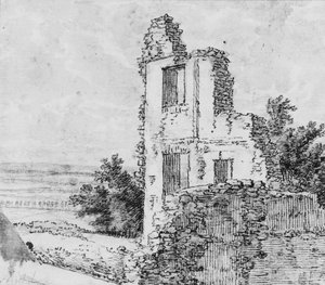 Una alameda de árboles en un parque recto, Las ruinas de un edificio en una colina verso, s.f. de Georges Michel