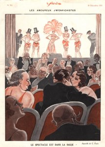 Le specatacle dans la salle, ilustración de "Le Sourire", diciembre de 1931 (litografía en color) de Georges Pavis