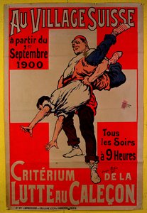 Cartel publicitario de competiciones de lucha en el Pueblo Suizo, 1900