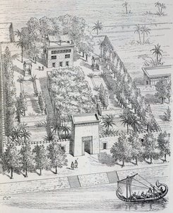 Vista de villa egipcia a lo largo del Nilo, reconstrucción por Chipiez, de Historia del arte en la antigüedad (Egipto, Asiria, Persia, Asia Menor, Grecia, Etruria, Roma)