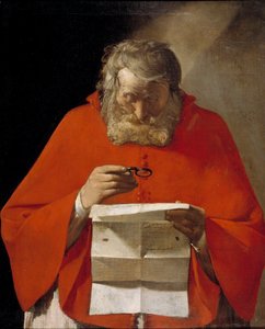 San Jerónimo leyendo una carta - Óleo sobre lienzo de Georges de La Tour (1593-1652), c1628-1629 - Museo del Prado, Madrid de Georges de La Tour