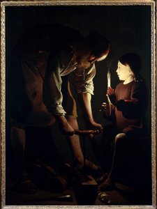 San José carpintero El niño Jesús sostiene una vela para iluminar a su padre José en el trabajo