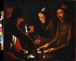 Soldados jugando a las cartas. Soldados jugando a las cartas. Pintura del séquito de Georges de La Tour (1583-1652). Óleo sobre tela. Galería de Arte Regional A. Deineka, Kursk (Kursk), Rusia. de Georges de La Tour