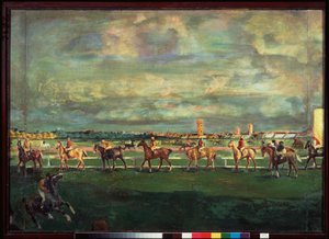 Carreras de caballos (Horseracing) - Pintura de Georgi Bogdanovich Yakulov (1884-1928), óleo sobre madera de Georgy Bogdanovich Yakulov