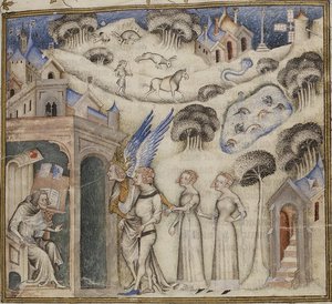 Amour dirigiendo a sus hijos Dulce Pensamiento, Placer y Esperanza a Guillaume de Machaut, por Maestro de Biblia de Jean de Sy 1372-77 (42374611771) de Georgia Levan Ramishvili from Tbilisi
