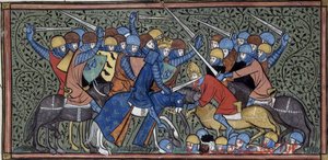 Carlos Martel derrotando a Eudo y a los sarracenos, Grandes chroniques de France, Royal 16 G.VI, f.117v, c. 1332-1350 (22727638241) de Georgia Levan Ramishvili from Tbilisi