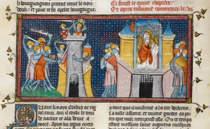 Los hunos saquean Orleans, oración de Agnan, de Chroniques de France ou de St Denis, siglo XIV (22716441545)