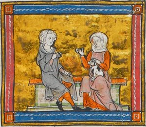 Lancelot conversando con una dama que sostiene un pequeño perro blanco y negro, de Morte Artu, c. 1315-1325 (41067329535) de Georgia Levan Ramishvili from Tbilisi